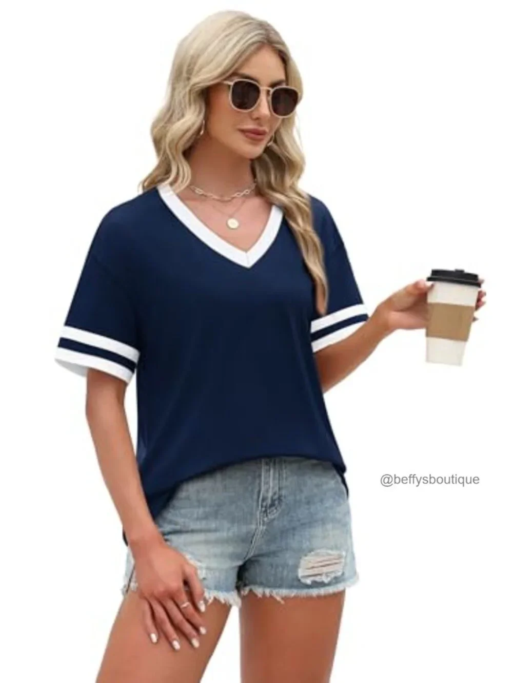 Loose Fit V-Neck Short Sleeve Color Block Tee